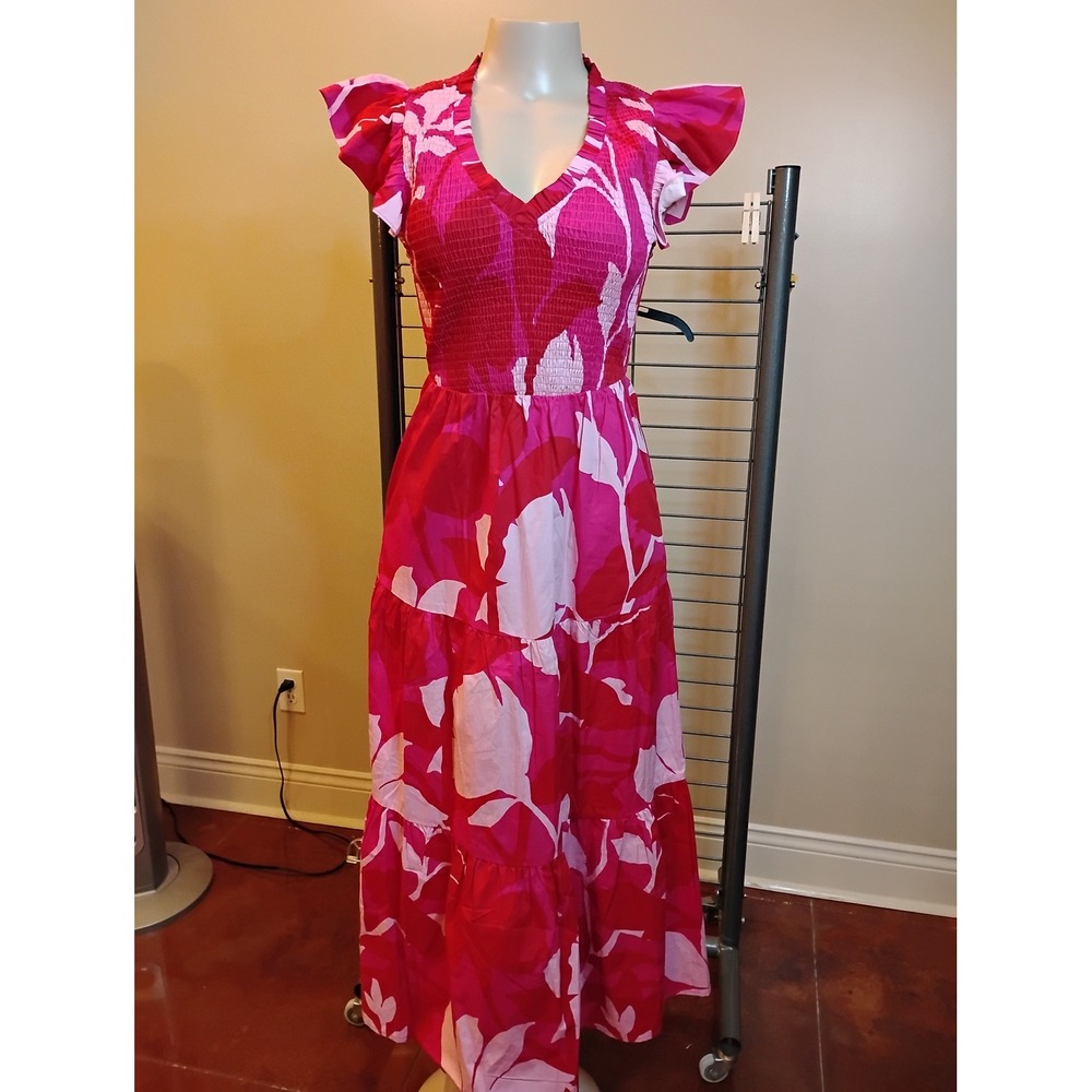 Sugarlips Baltic Born Pink Floral Smocked Tiered Maxi Dress XS STD13554PD